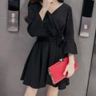 3/4-sleeve Ribbon A-line Mini Dress