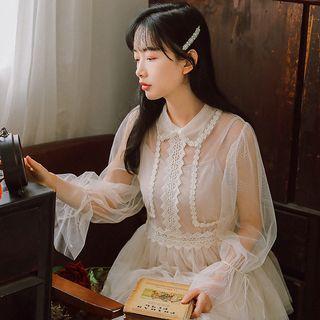 Set: Long-sleeve Collared Tiered Mesh Dress + Slipdress