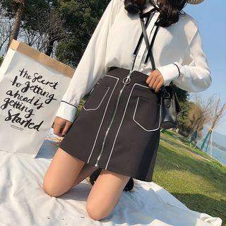 Contrast Trim Zip-front A-line Skirt