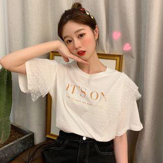 Short-sleeve Polka Dot Lace Panel Letter T-shirt