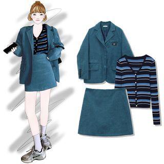 Corduroy Blazer / Mini A-line Skirt / Long-sleeve Striped Knit Top