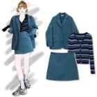 Corduroy Blazer / Mini A-line Skirt / Long-sleeve Striped Knit Top