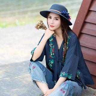 Embroidered 3/4-sleeve Frog-button Jacket