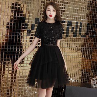 Short Sleeve Sequined Panel Mesh A-line Cocktail Dress / Evening Gown