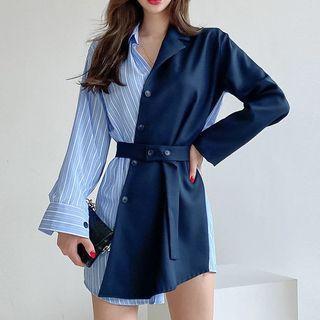 Long-sleeve Striped Panel Mini Shirt Dress