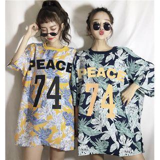 3/4-sleeve Leaf Print T-shirt