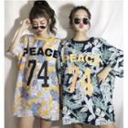 3/4-sleeve Leaf Print T-shirt