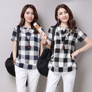Short-sleeve Gingham Placket Top