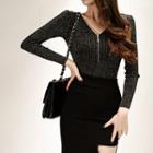 Zip-front Lace-back Knit Top