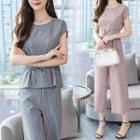 Set: Pinstriped Short-sleeve Top + Crop Wide Leg Pants