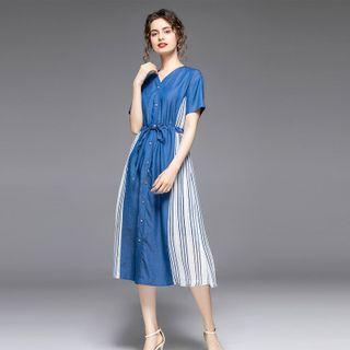 Short-sleeve Stripe Panel Midi A-line Denim Dress