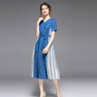 Short-sleeve Stripe Panel Midi A-line Denim Dress