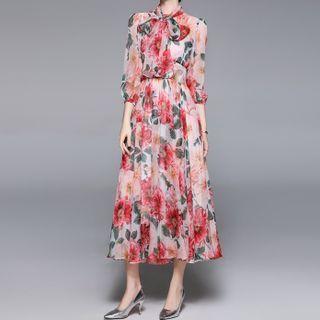 3/4-sleeve Tie-neck Floral Print Midi A-line Dress