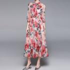 3/4-sleeve Tie-neck Floral Print Midi A-line Dress
