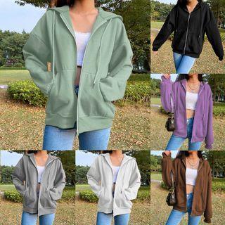 Plain Front Pocket Zip-up Hoodie