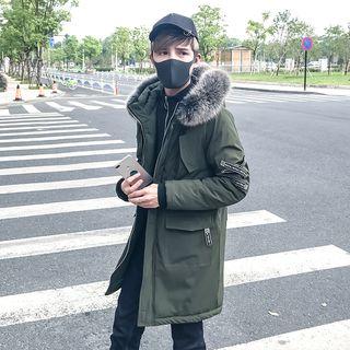 Furry Hood Lettering Padded Jacket