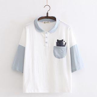 Cat Embroidered Collared Elbow-sleeve T-shirt
