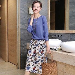 Set: 3/4-sleeve Top + Floral Skirt