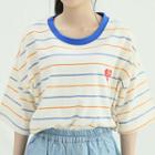 Heart-embroidery Striped T-shirt Ivory - One Size