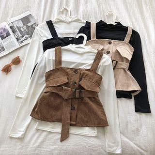 Set: Plain Mock-neck Long-sleeve Top + Lace-up Corduroy Strap Top