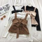 Set: Plain Mock-neck Long-sleeve Top + Lace-up Corduroy Strap Top