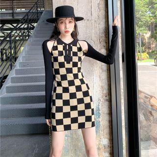 Mock Two-piece Checkerboard Mini Bodycon Dress