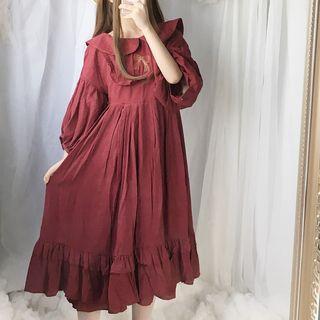 Bow Embroidered 3/4 Sleeve Midi A-line Dress