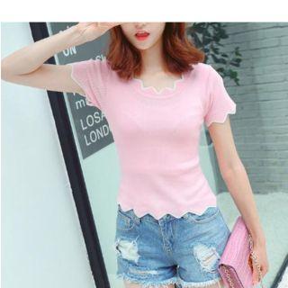 Contrast Trim Short Sleeve Wave Trim Knit Top