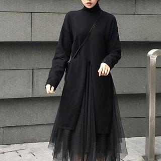 Plain Turtle-neck Loose-fit Sweater / Plain Mesh Skirt