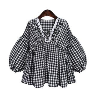 Lantern Sleeve Lace-up Gingham Blouse