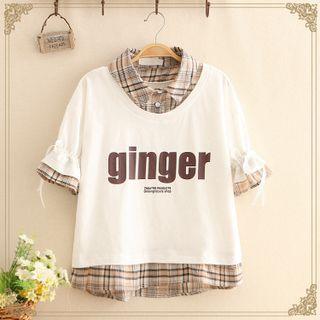 Inset Gingham Shirt Lettering Print Top