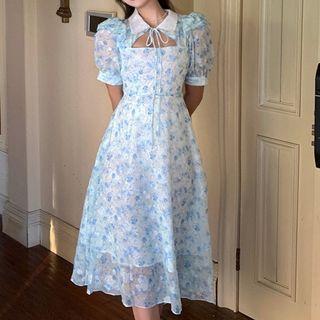 Short-sleeve Collared Cutout Floral Print Midi A-line Dress
