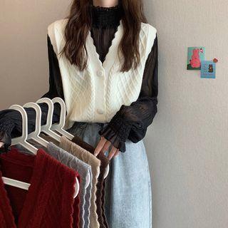 Button-up Sweater Vest / Mock-neck Chiffon Blouse