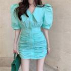 Puff-sleeve Shirred Slim-fit Dress