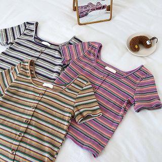 Color-block Striped Square-neck Slim-fit Short-sleeve Top