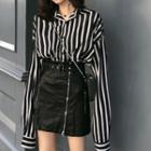 Set: Striped Shirt + Zip Detail Mini Straight-fit Skirt