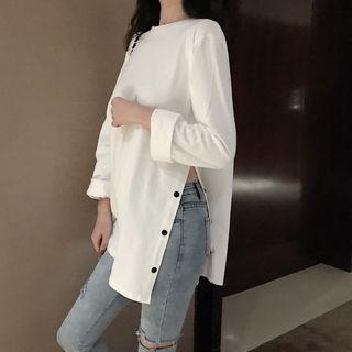 Buttoned Split Side Long-sleeve T-shirt