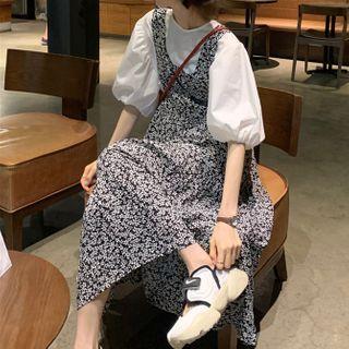 Puff-sleeve Blouse / Flower Print Midi Jumper Dress