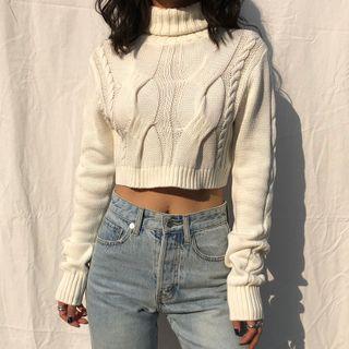 Turtleneck Cropped Cable Knit Sweater Off-white - One Size