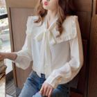 Long-sleeve Bow Accent Blouse Beige - One Size