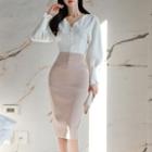 Set: Puff-sleeve Blouse + Fitted Skirt