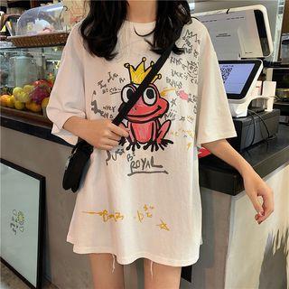 Frog Print Elbow-sleeve Tunic T-shirt