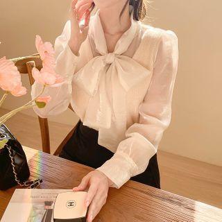 Inset Furry Vest Tie-neck Blouse