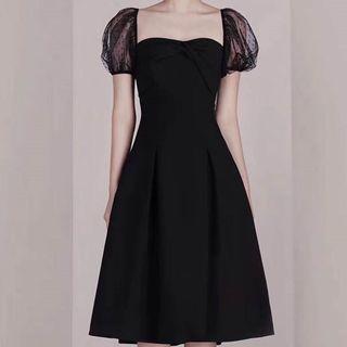 Puff-sleeve Panel Midi A-line Dress