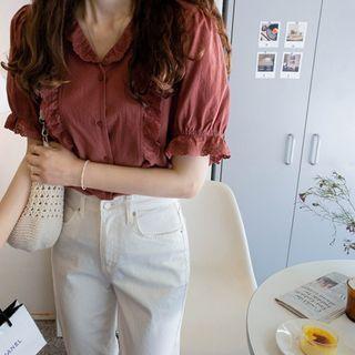 V-neck Eyelet Lace Trim Blouse