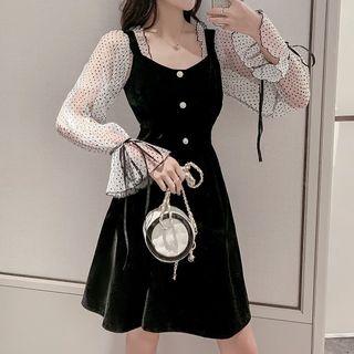Long-sleeve Polka Dot Mesh Paneled Velvet A-line Mini Dress