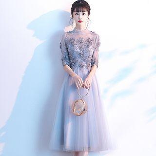 Short-sleeve Embroidered Midi Mesh Prom Dress