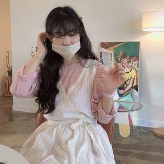 Long-sleeve Plain Dress / Lace Trim Drawstring Pinafore Dress