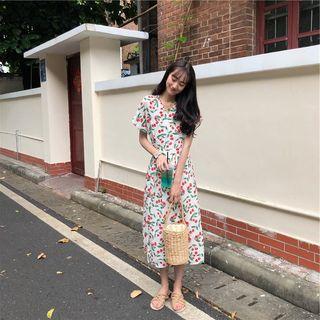 Short-sleeve Cherry Print Midi A-line Dress As Shown In Figure - One Size