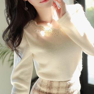 Scallop-neckline Beaded Knit Top